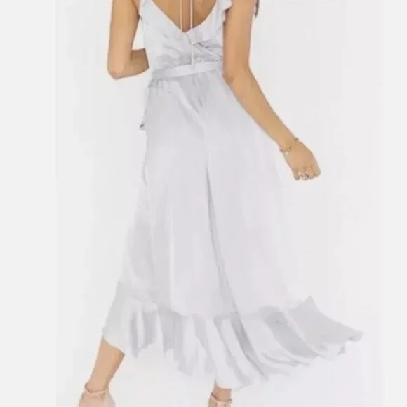 SHOW ME YOUR MUMU Samantha Ruffle Wrap Dress Bridal Silver Luxe Satin Size Small - Picture 2 of 4